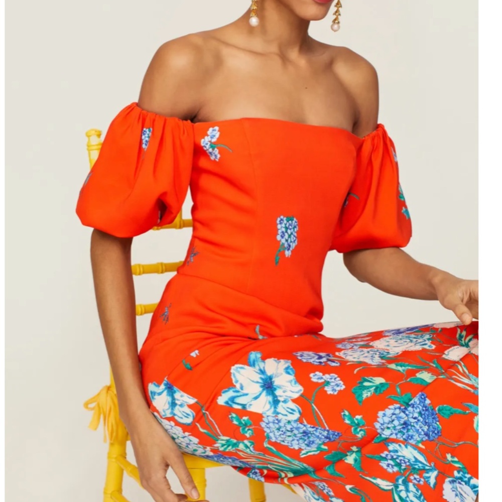 NEW Cara Cara Puff Sleeve Karene Midi Dress - Orange Red Floral - Picture 5 of 11